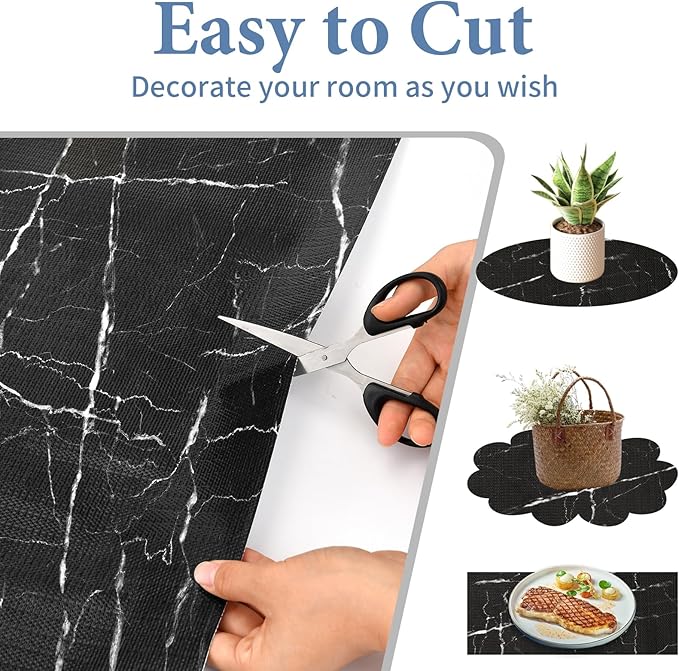 Drawer and Shelf Liner for Kitchen Cabinet: 23 in X 30 Ft Non Slip Waterproof Shelf Paper Non Adhesive Refrigerator Liners Black Marble Easy Liners for Bathroom with Knife Tape Measure - Image 4