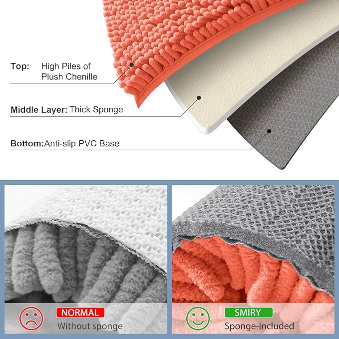 Smiry Luxury Chenille Bathroom Rugs 36x24, Extra Soft and Absorbent Shaggy Bath Mat, Machine Washable, Non-Slip Plush Carpet Runner for Tub, Shower, and Floor, Home Decor Accessories, Coral - Image 5