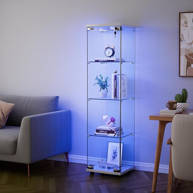 Yoluckea 4 Shelves Glass Display Cabinet with LED Light and Door, Curio Collection Glass Display Case for Home Office, Floor Standing Bookshelf Corner Cabinet (White) - Image 5