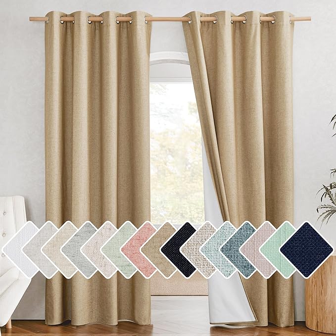 NICETOWN 100% Absolutely Blackout Linen Curtains with Thermal Insulated White Liner, Camel, W52 x L84, 2 Panels, Long Curtains 84 inch Length for Patio Door, Doorway, Office, Overnight Shiftworker by NICETOWN