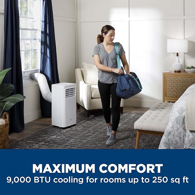 GE 9,000 BTU Portable Air Conditioner for Small Rooms up to 250 sq ft. (6,100 BTU SACC), 3-in-1 with Dehumidify, Fan and Auto Evaporation, Included Window Installation Kit - Image 2
