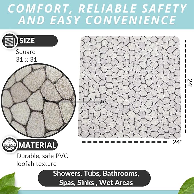 Enkosi Loofah Shower Mat Non-Slip - Anti-Slip Bath Mat for Inside Showers, Tub, Bathtub, Bathroom - Quick Dry PVC with Drain Holes - Cushioned Safety Grip - Secure for Kids and Elderly (Pebble 24x24) - Image 3