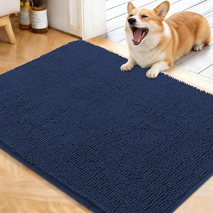 OLANLY Dog Door Mat for Muddy Paws 40x32, Absorbs Moisture and Dirt, Absorbent Non-Slip Washable Doormat, Quick Dry Chenille Mud Mat for Dogs, Entry Indoor Entryway Carpet for Inside Floor, Dark Blue by OLANLY