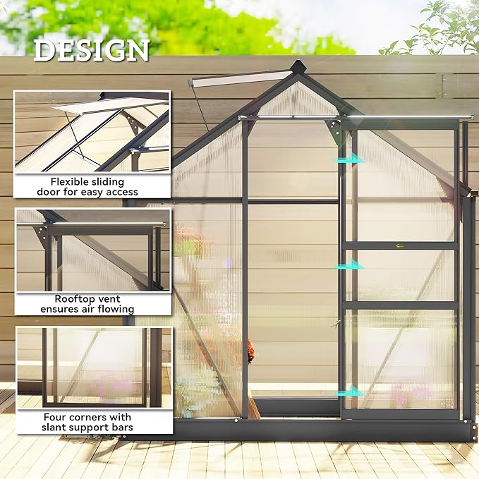 Outsunny 6' x 4' Greenhouse for Outdoors, Polycarbonate Greenhouse with Rain Gutter and Roof Vent, Aluminum Walk-in Green Houses for Outside for Patio Backyard Garden, Gray - Image 3