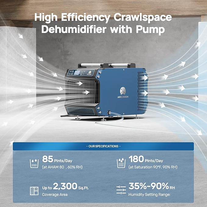 ARGENDON 180 Pints Crawlspace Dehumidifiers with Pump and Drain Hose, Commercial Dehumidifier for Basement, Industrial Large Spaces, Basement, Job Sites, cETL, 5-Year Limited Warranty - Image 3