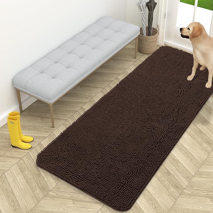 OLANLY Dog Door Mat for Muddy Paws 59x24, Absorbs Moisture and Dirt, Absorbent Non-Slip Washable Doormat, Quick Dry Chenille Mud Mat for Dogs, Entry Indoor Entryway Carpet for Inside Floor, Brown by OLANLY