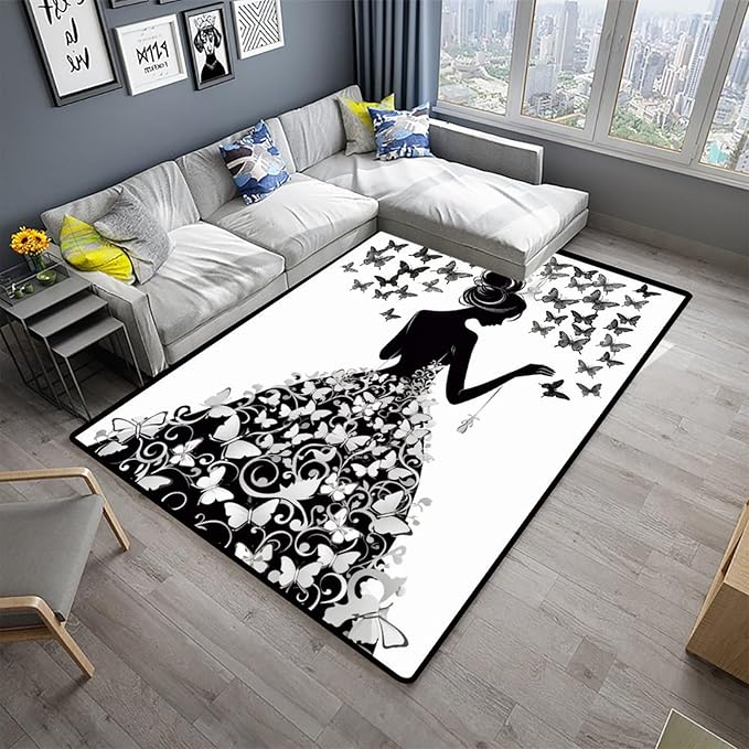 Pile Carpet - Girl with Butterflies Printed Patterns Washable Area Rugs Fade Resistant, Flame Resistant, Quick Dry, Stain Resistant, Waterproof Floor Carpet for Living Room Bedroom, 78 x 120 Inch - Image 2