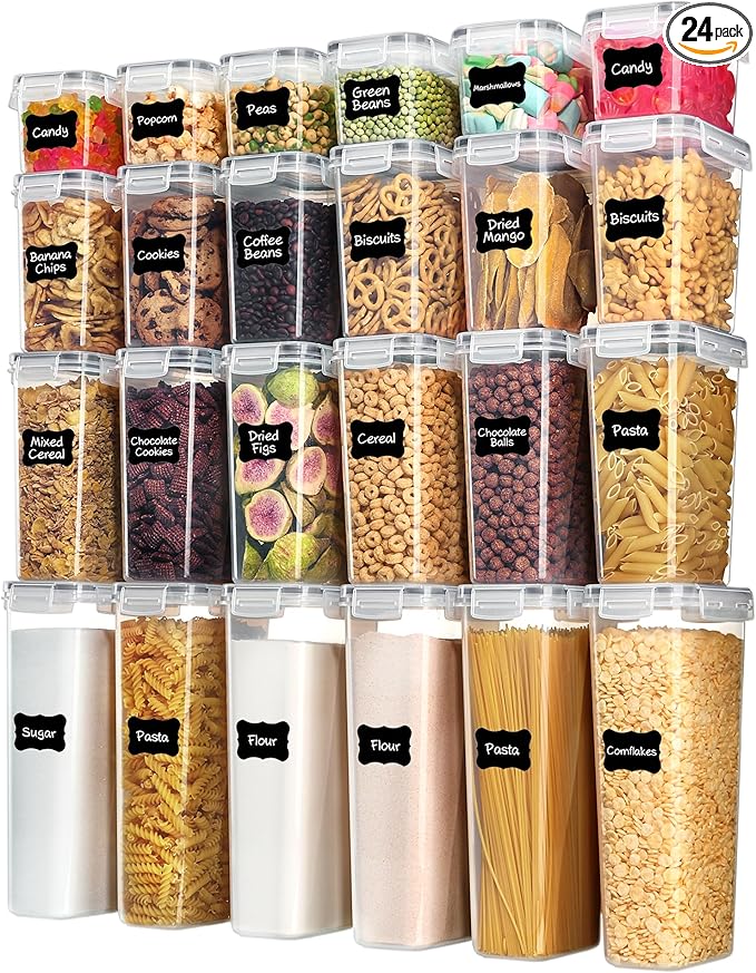 Vtopmart Airtight Food Storage Containers with Lids, 24 pcs Plastic Kitchen and Pantry Organization Canisters for Cereal, Dry Food, Flour and Sugar, BPA Free, Includes 24 Labels，Gray by Vtopmart