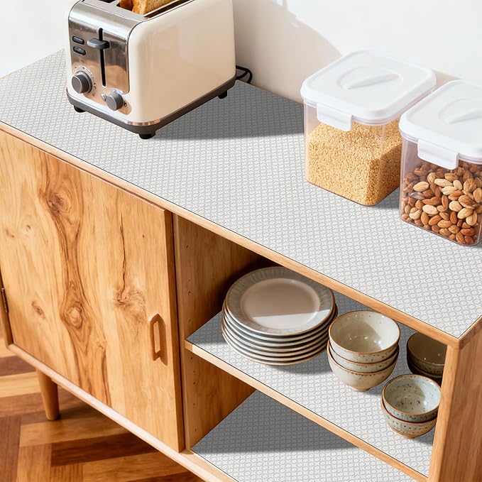 FIFTY FEET 12"x120" Non-Adhesive Shelf Liner for Kitchen Cabinets and Drawers, Washable Non-Slip PVC Cabinet Liner (White Circle)(7 Roll) - Image 3