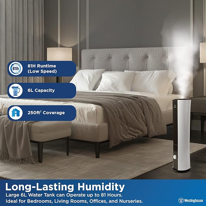 Westinghouse 28-inch Cool Mist Ultrasonic Tower Humidifier, 6L Top Fill Air Humidifier with Essential Oil Diffuser, Adjustable Mist Volume for Large Bedrooms - Image 4