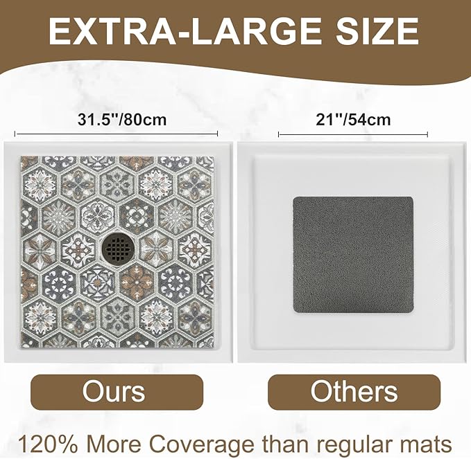 Square Shower Mat Non Slip: 32x32 Inch Extra Large Shower Mats for Inside Shower, Anti Slip Shower Floor Mat, Loofah Shower Stall Mats for Elderly, Non Slip Shower Mat with Drain Hole in Middle - Image 2
