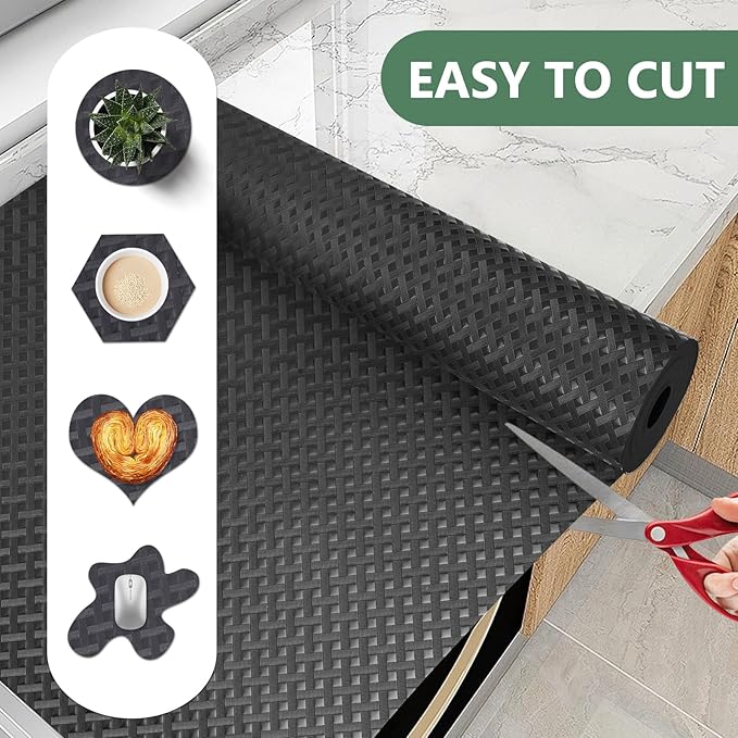 Shelf Liners, Non-Adhesive Drawer Liner, Waterproof & Oil-Proof Kitchen Cabinet Cupboard Liner Plastic EVA Material BPA Free Fridge Liner Mats Paper Protector for Shelves (Black/16in x 240in) - Image 3