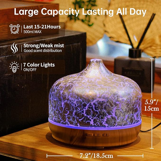Porseme 500ml Essential Oil Diffuser Silver Plated Glass Aromatherapy Ultrasonic Humidifier - Auto Shut-Off, BPA Free for Home Hotel Yoga SPA Gift - Image 3