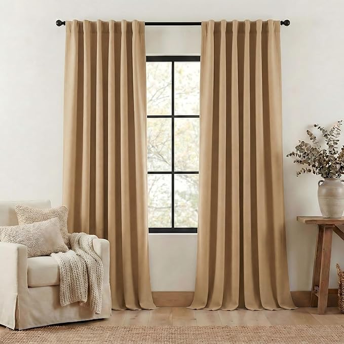 NICETOWN Thick Living Room Caramel Curtains 84 inches Long, Rod Pocket/Back Tab/Hook Belt Faux Linen Room Darkening Curtains Farmhouse Window Drapes for Bedroom, W52 x L84, 2 Panels by NICETOWN