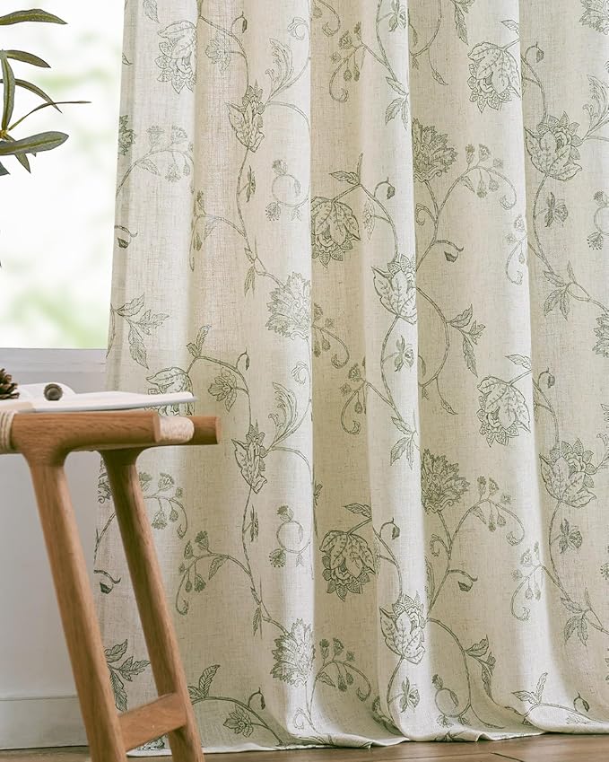 jinchan Linen Curtains Floral Curtains 96 Inch Length for Living Room Bedroom Light Filtering Rod Pocket Back Tab Farmhouse Curtains Flax Linen Texture Window Drapes Set 2 Panels Green on Linen - Image 8