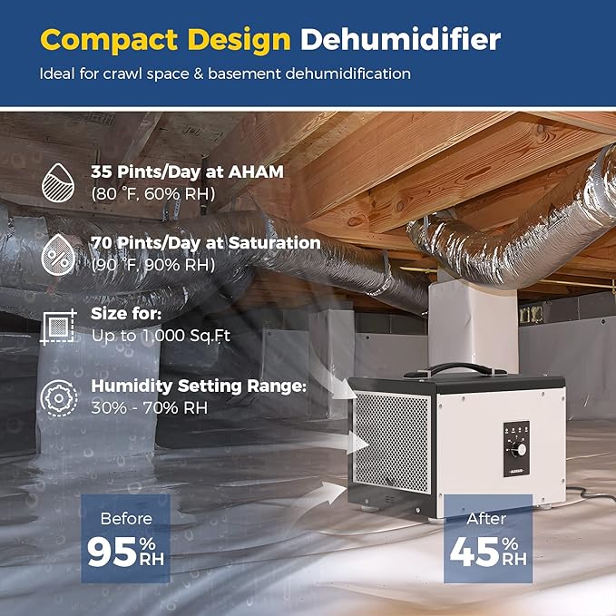 ALORAIR 70 PPD Crawl Space Dehumidifier, Crawlspace Dehumidifiers Commercial Dehu for Home and Basements, Compact, Portable, Auto Defrost, Memory Starting, cETL, 5 Years Warranty - Image 2