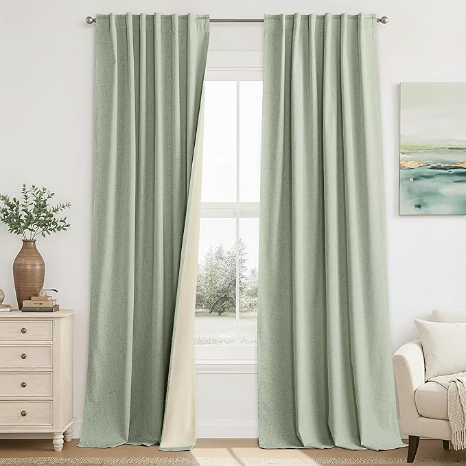 RYB HOME 100% Blackout Sage Green Linen Curtains, Light & Heat Blocking Thermal Privacy Protection Neutral Window Drapes for Living Room Bedroom, 52" W x 96" L, 2 Panels Set by RYBHOME