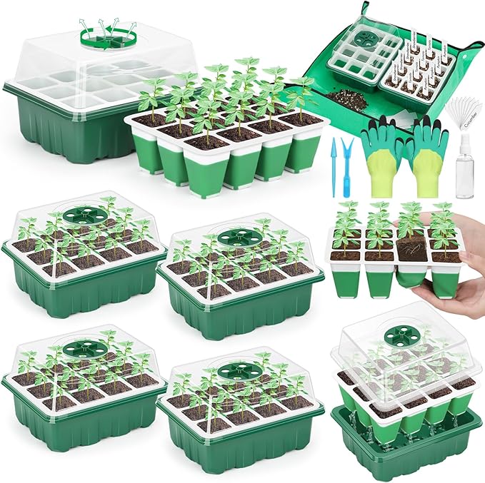Reusable Silicone Seed Starter Tray, 60 Cells Seed Starter Kit with Humidity Adjustable Dome and Lid, Plant Germination Trays with Repotting Mat 5 Packs Germination Kit for Seeds Grow Starting by Qinzave