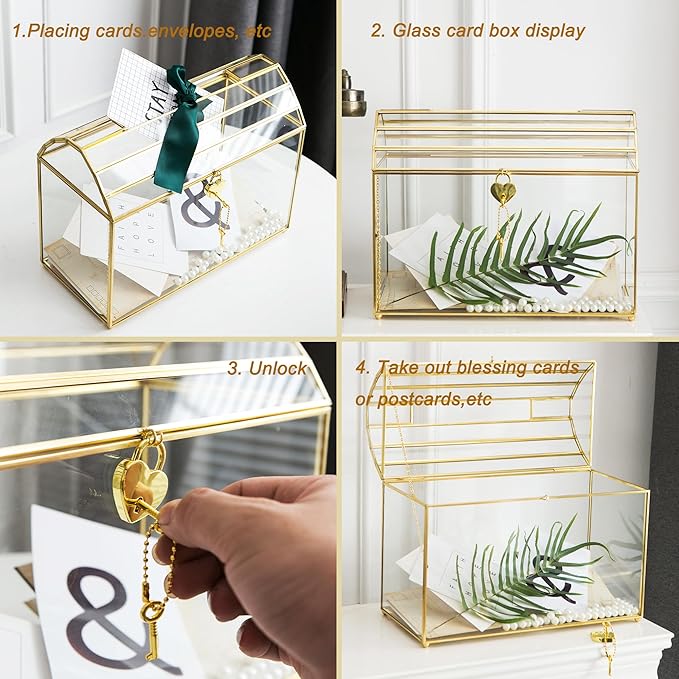Wedding Card Box with Slot, 12.2'' Large Glass Card Boxes for Reception, Gold Cards Holder, Clear Decorative Storage Box with Lock for Baby Shower, Birthday Party, Christmas, Bridal Shower - Image 5