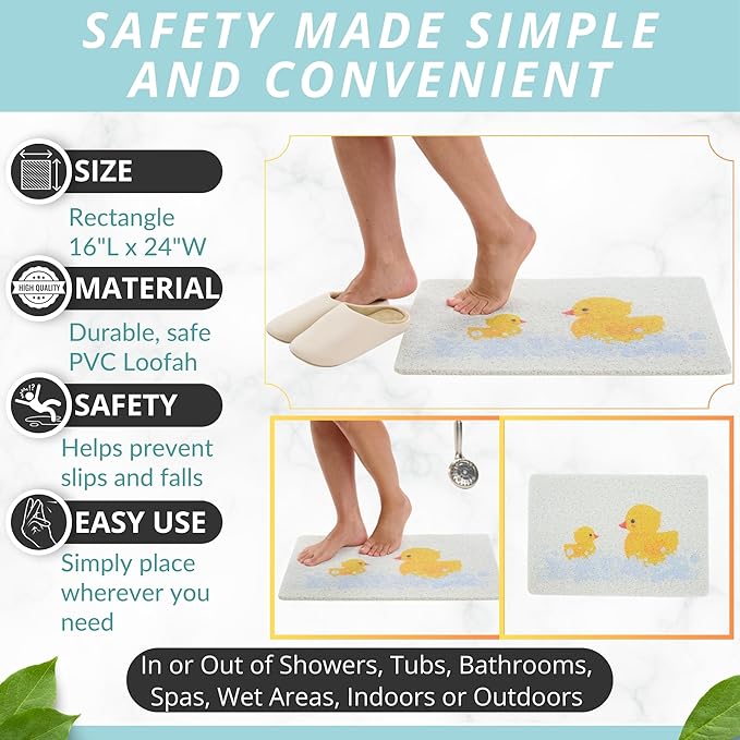 ENKOSI Loofah Non-Slip Shower and Bath Mat - Soft Cushioned Comfort - No Suction Cups for Smooth or Textured Tubs - Fast Draining - Safety for Bathroom, Family, Kids, and Elderly (24x16 Duck) - Image 3