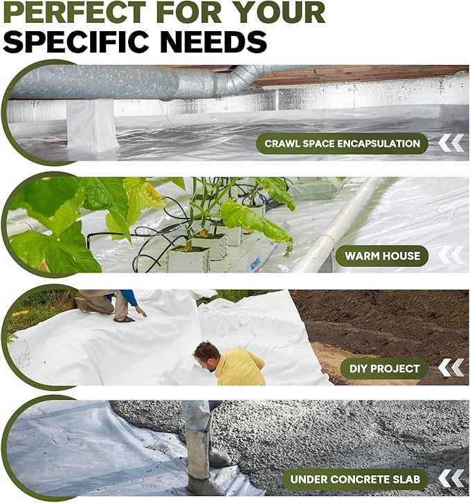 White Crawl Space Vapor Barrier, 10 Mil Vapor Barrier, 12' x 100', Heavy Duty Polyethylene Film, Thick Plastic Sheeting, Plastic Drop Cloth Covering for Crawlspace, Basement, White - Image 7