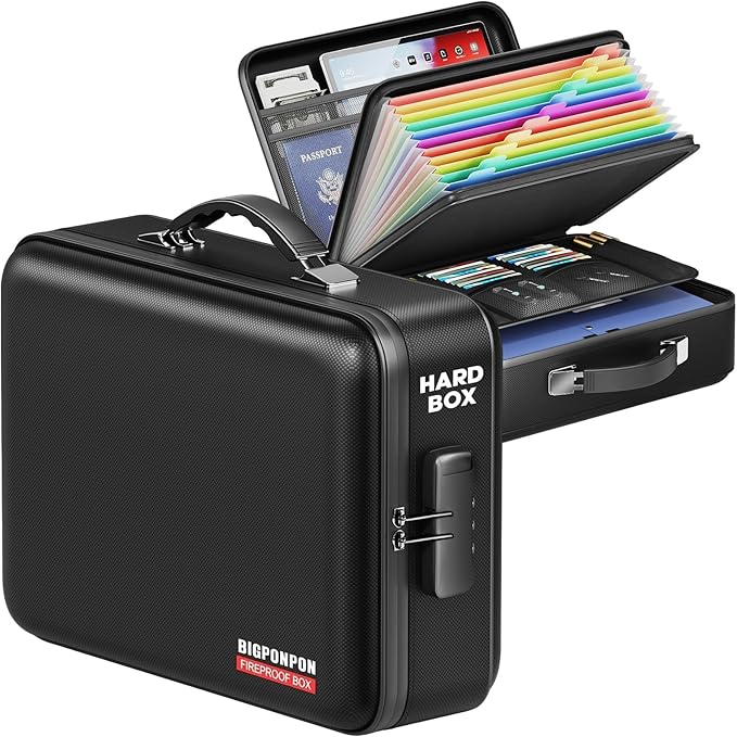 Fireproof Document Box, Hard Case Highly Flame-Resistant Fire Proof Waterproof File Organizer with Lock, Portable Fire Safe for Important Documents & Valuables Storage (Black, ‎15"*11"*5") by BigPonPon