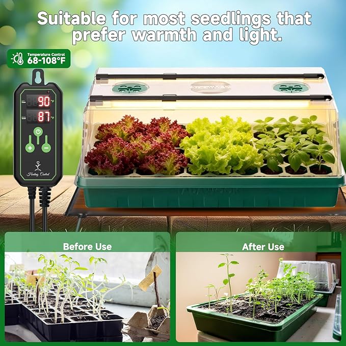 Seed Starter Tray with Grow Light and Thermostat Controller Heat Mat, 10"x 20.75" Heat Mats for Plant Growing，68-113°F Adjustable，Color Change Grow Lights，Germination Trays Kits (Green, 60 Cells) - Image 4