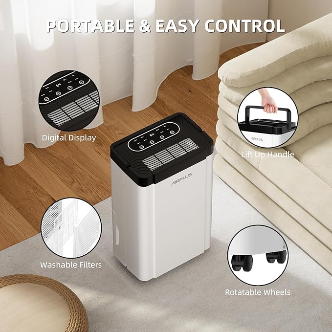 AIRPLUS 4,500 Sq. Ft. 70pint Dehumidifier, Humidity with Auto Shut off, Auto Drain or Manual Drainage, 0.8 gal Water Tank Capacity for Home and Basement - Image 4
