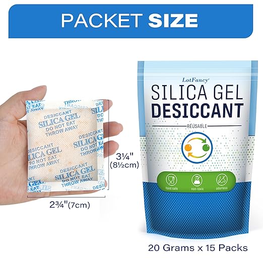 LotFancy 15 Packs 20Gram Silica Gel Desiccant Packets, Non-Toxic Food Safe Moisture Absorber Bag for Gun Camera Cabinet Closet Storage, Pet Food Desiccant, Odorless - Image 7