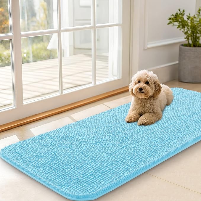 OLANLY Dog Door Mat for Muddy Paws 47x20, Absorbs Moisture and Dirt, Absorbent Non-Slip Washable Doormat, Quick Dry Chenille Mud Mat for Dogs, Entry Indoor Entryway Carpet for Inside Floor, Blue by OLANLY