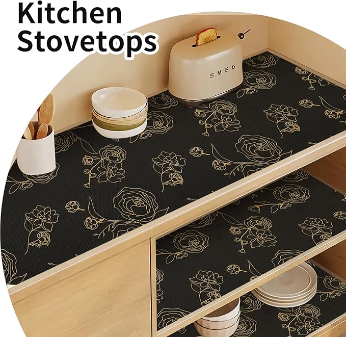 Shelf Liners for Kitchen Cabinets 12in x 30FT Non Adhesive Drawer Liner Black Floral Thickened Shelf Liner Paper Strong Non-Slip Easy to Clean for Tool Box Refrigerator with Knife and Tape Measure - Image 8