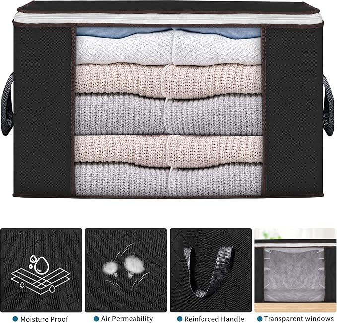 Large Storage Bags, 3 Pack Clothes Storage Bins Foldable Closet Organizers Storage Containers with Durable Handles Thick Fabric for Blanket Comforter Clothing Bedding 90 L (Black) - Image 4