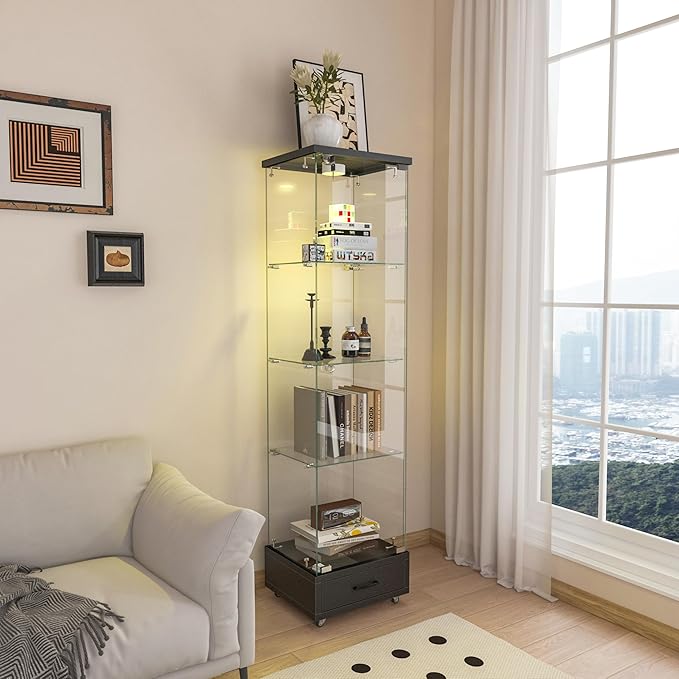 Yoluckea 4-Tier Glass Display Cabinet with LED Lighting and Drawer, 1-Door Floor Standing Curio Cabinet with Wheel for Home, Office, Corner Display, Black Glass Bookshelf for Collections and Decor - Image 7