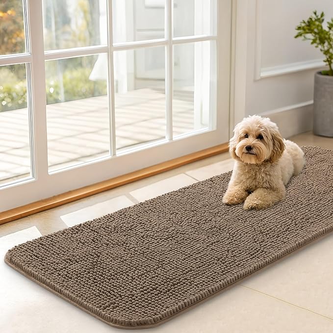OLANLY Dog Door Mat for Muddy Paws 47x17, Absorbs Moisture and Dirt, Absorbent Non-Slip Washable Doormat, Quick Dry Chenille Mud Mat for Dogs, Entry Indoor Entryway Carpet for Inside Floor, Tan by OLANLY