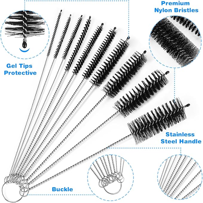 Cleaning Brushes Set, 10 Pieces 8 Inch Nylon Tube Brush + 60 Inch Flexible Long Drain Brush, Hose Pipe Brush, Suitable for Home Kitchen, Bathroom, Fish Tank, Water Pump Accessories (Black) - Image 2
