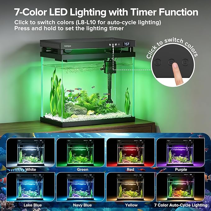 Fish Tank, 2.2 Gallon Glass Aquarium, Small Fish Aquarium Kits with Smart Humidifier, Auto Feeder, Silent Water Pump, Temperature Display & 7-Color Lighting, for Office & Home - Black - Image 4