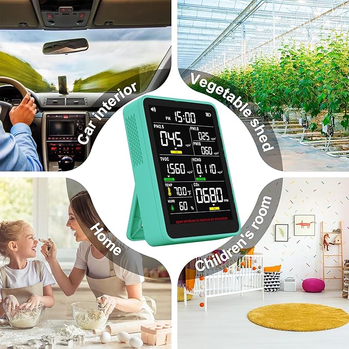 XOOPON 13-in-1 Indoor Air Quality Monitor with PM1.0/2.5/10, CO2, HCHO, TVOC, Temp, Humidity & Time, 4 Alarm Modes, Portable Air Quality Tester for Home, Office, Car, Wall-Mount or Desktop Use - Image 7