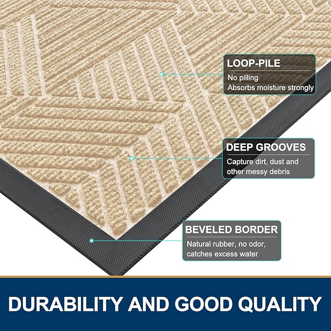 Smiry Front Door Mat Outside Entrance, Heavy Duty Sturdy Natural Rubber Doormat, Trap Dirt and Moisture, Easy Clean Low Profile Welcome Floor Mats for Indoor Outdoor Entry, 59x23 Inch, Beige - Image 4