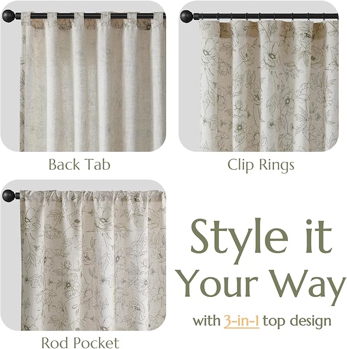 jinchan Floral Linen Curtains for Living Room 84 Inch Length Green Flower Curtain Rod Pocket Back Tab Farmhouse Curtains with Printed Floral Bedroom Window Curtain Set, 2 Panels Green - Image 5