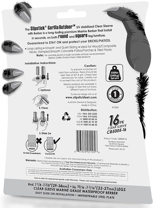 Slipstick GorillaOutdoor Berber Furniture Feet Pads with Clear Sleeve Sock, Weatherproof Outdoor Furniture Floor Protector Sliders (Universal Medium x 16) - Image 5