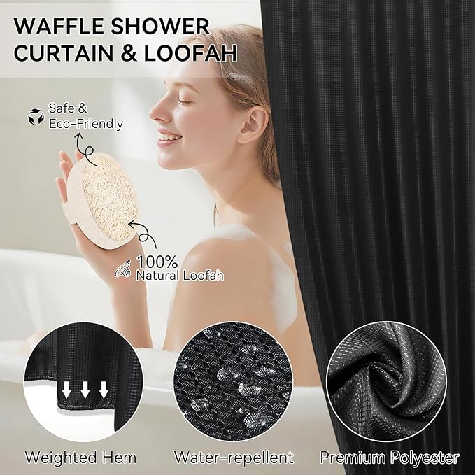 Black Bathroom Sets, Black Bathroom Accessories Set with Shower Curtain and No-Slip Bath Rugs, Natural Loofah Sponge, Soap Dispenser, Toothbrush Holder, Bathroom Tumbler and Tray for Bathroom - Image 4