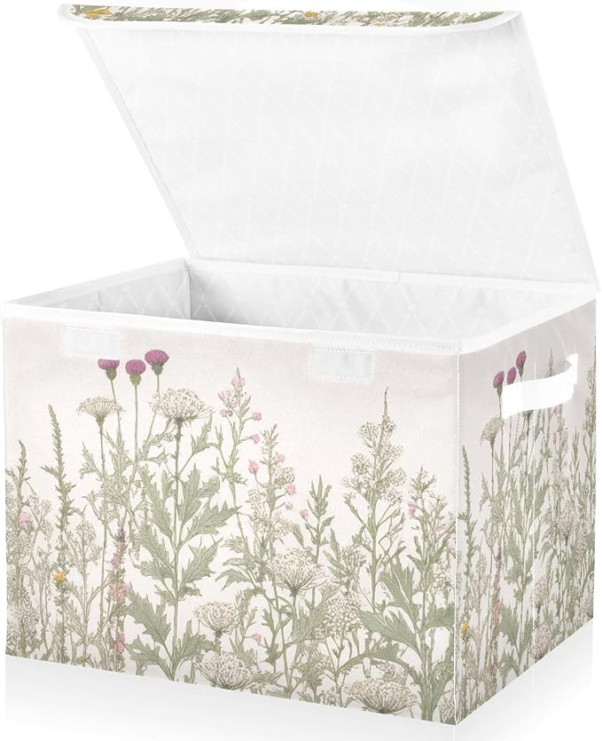 xigua Vintage Colorful Herbs and Wild Flowers Floral Storage Bins with Lids and Carrying Handle,Foldable Storage Boxes Organizer Containers Baskets Cube with Cover for Home Bedroom Closet Office by LLCxigua