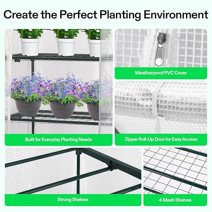 VIVOSUN Mini 4-Tier Greenhouse with Wheels, 27 x 19 x 63-Inch Reusable Portable Warm House with White PE Cover and Shelf for Compact Garden and Small Backyards, with Wheels - Image 4