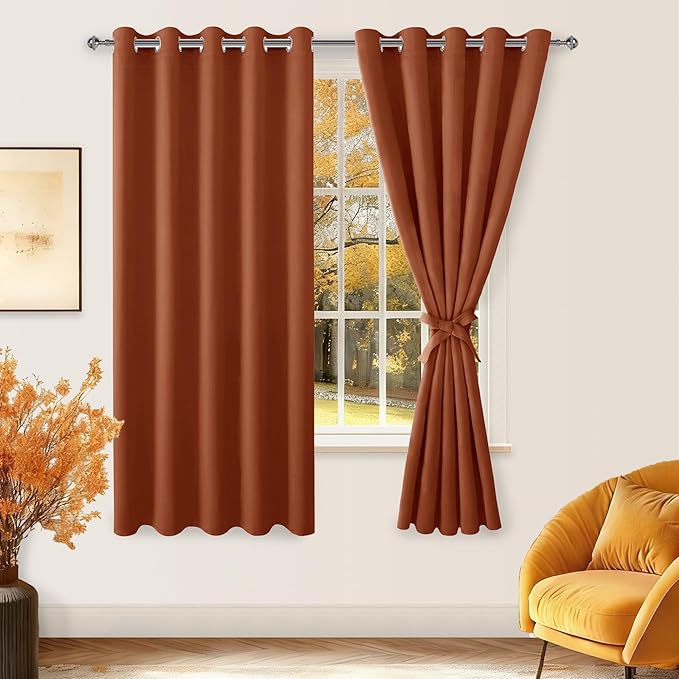 Hiasan Blackout Curtains for Bedroom, 60 x 63 Inches Length - Thermal Insulated & Light Blocking Window Curtains for Living Room/Kids Room Fall Decor, 2 Drape Panels Sewn with Tiebacks, Burnt Ochre - Image 2