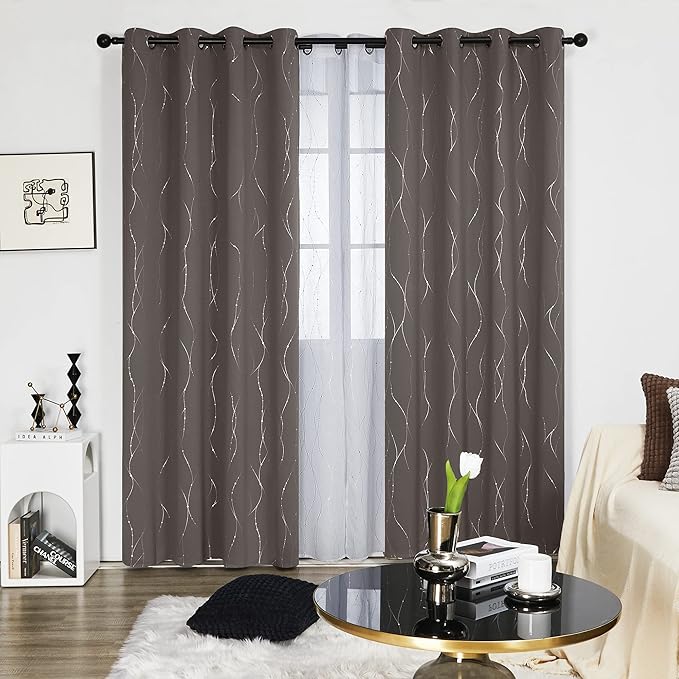 Deconovo Blackout Curtains, Thermal Insulaed Soundproof Drapes, Wave Dots Silver Print, 52 x 108 Inch Long, Set of 2, Machine Washable Window Panel for Sliding Door Bedroom Living Room Nursery, Taupe - Image 2