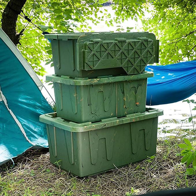 HOMZ 4-Pack Durabilt Tote, Heavy Duty Plastic Storage Bins with Lids, 27 Gallon, Green Camo - Stackable Organizing Containers for Home, Garage, and Office - Image 9