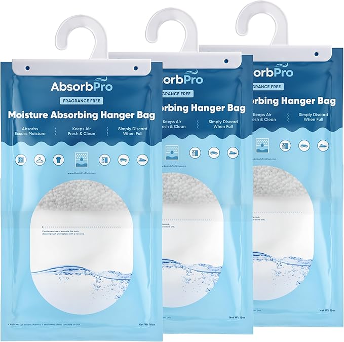 Moisture Absorbing Hanger Bag Fragrance Free - 3-Pack - 16 oz Hanging Dehumidifying Packs for Home, Kitchen, Bedroom, Bathroom, Closet, Small Rooms, Cars by AbsorbPro