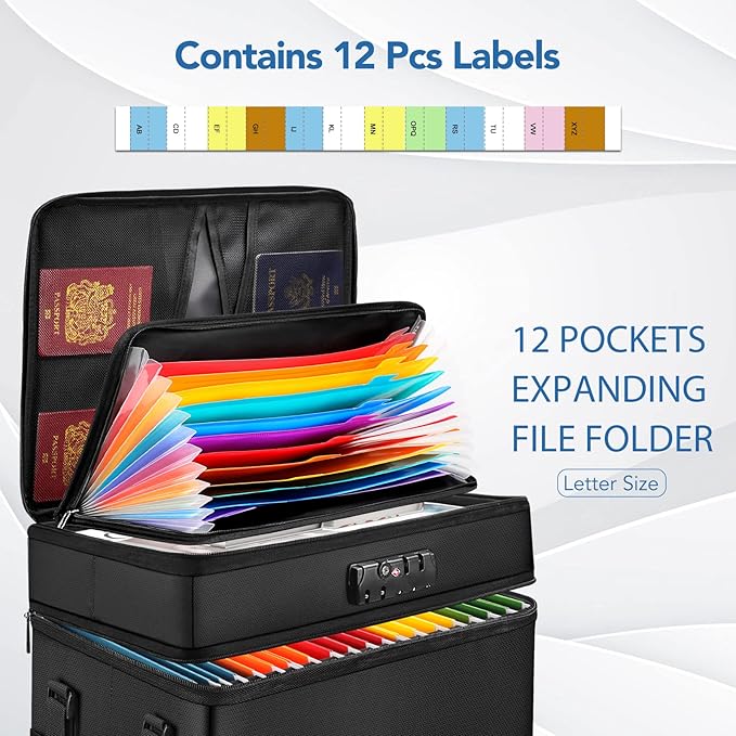 Fireproof Document Box with 13 Pockets Accordian File Organizer, Water-Resistant File Organizer Box with Lock, Collapsible File Storage Cabinet for Hanging Letter/Legal Folder, Black - Image 4