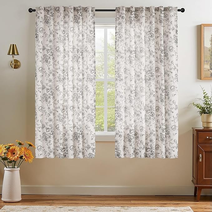 jinchan Linen Blend Curtain Floral Curtains for Living Room 54 Inch Length Black Printed Curtain Rod Pocket Back Tab Farmhouse Peony Flower Patterned Drapes Bedroom Window Curtains Set 2 Panels - Image 2