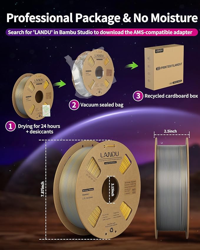 LANDU Silk Tri-Color PLA Filament 1.75mm 1Kg,Triple Color Silk PLA Filament,Silk Rainbow PLA Filament,Neatly Wound 3D Printer Filament,3 in 1 Multi Color Filament +/-0.02mm, Silk Gold Silver Copper - Image 6